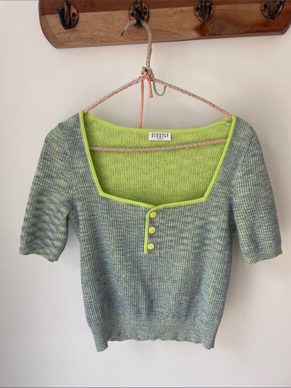 Claudie Pierlot Paris Knit Top with Neon Lime Trim